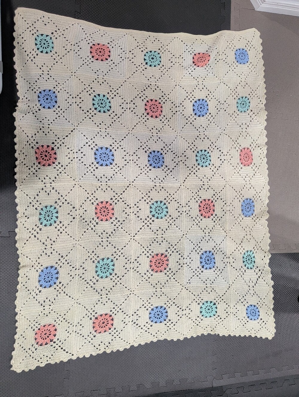 Handmade Crochet Floral Baby Blanket in Cream with Pastel Accents